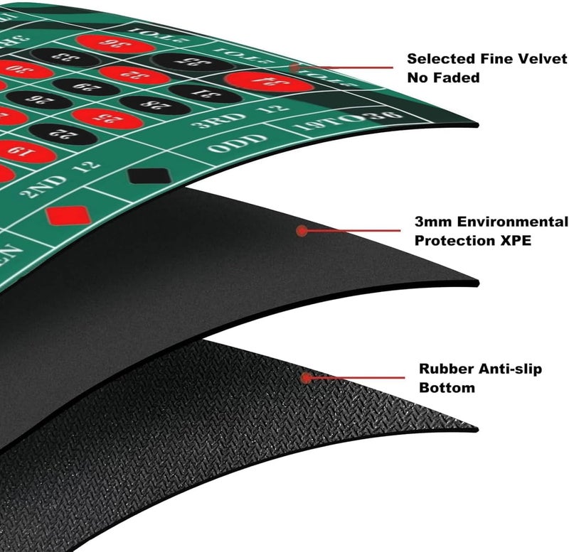AQQA Roulette Table Mat 70 x 35 Inch, Durable, Water-Resistant Roulette Mat Made of 3mm Thick Rubber, Reinforced with Sturdy Stitching - Portable Casino Roulette Mat for Game Night Party - Image 3